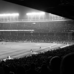 baseball stadium in black and white